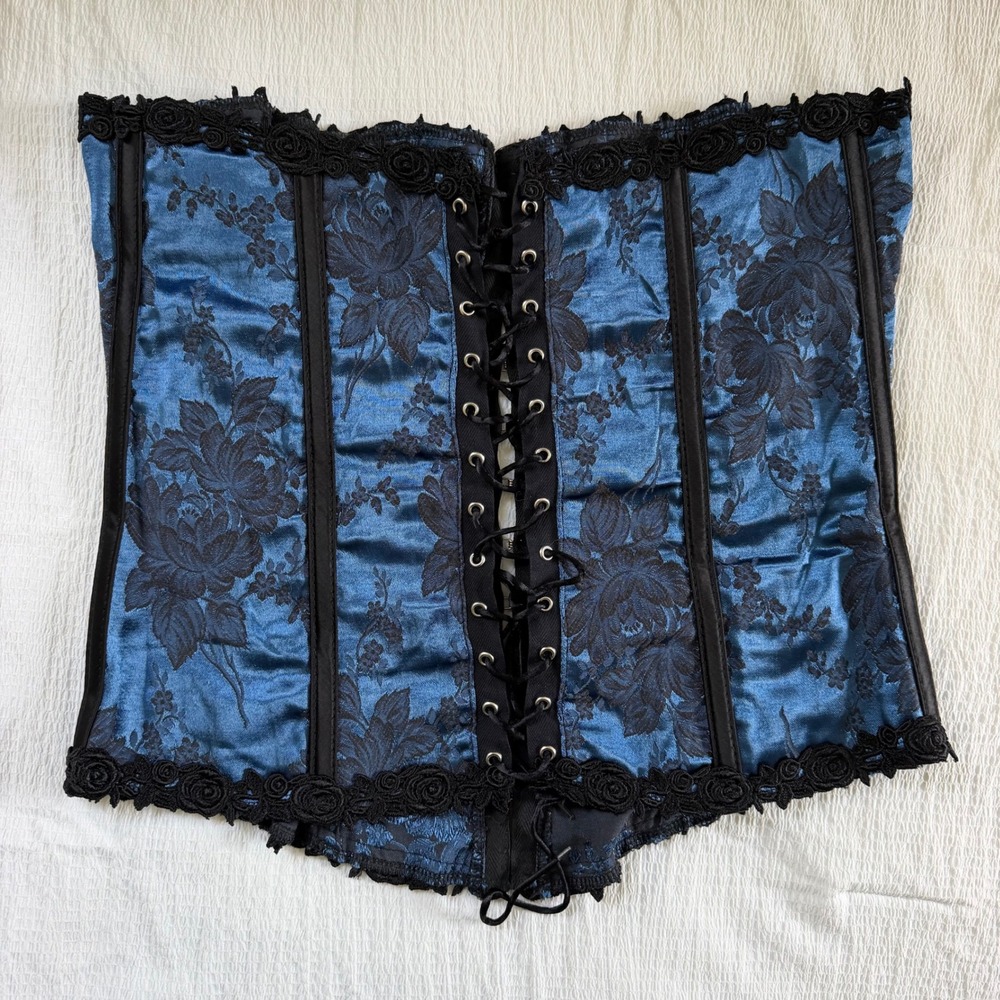 Shirley of Hollywood Vintage 90s Y2K Blue Floral Gothic Corset Bustier Top 36 - Picture 2 of 10